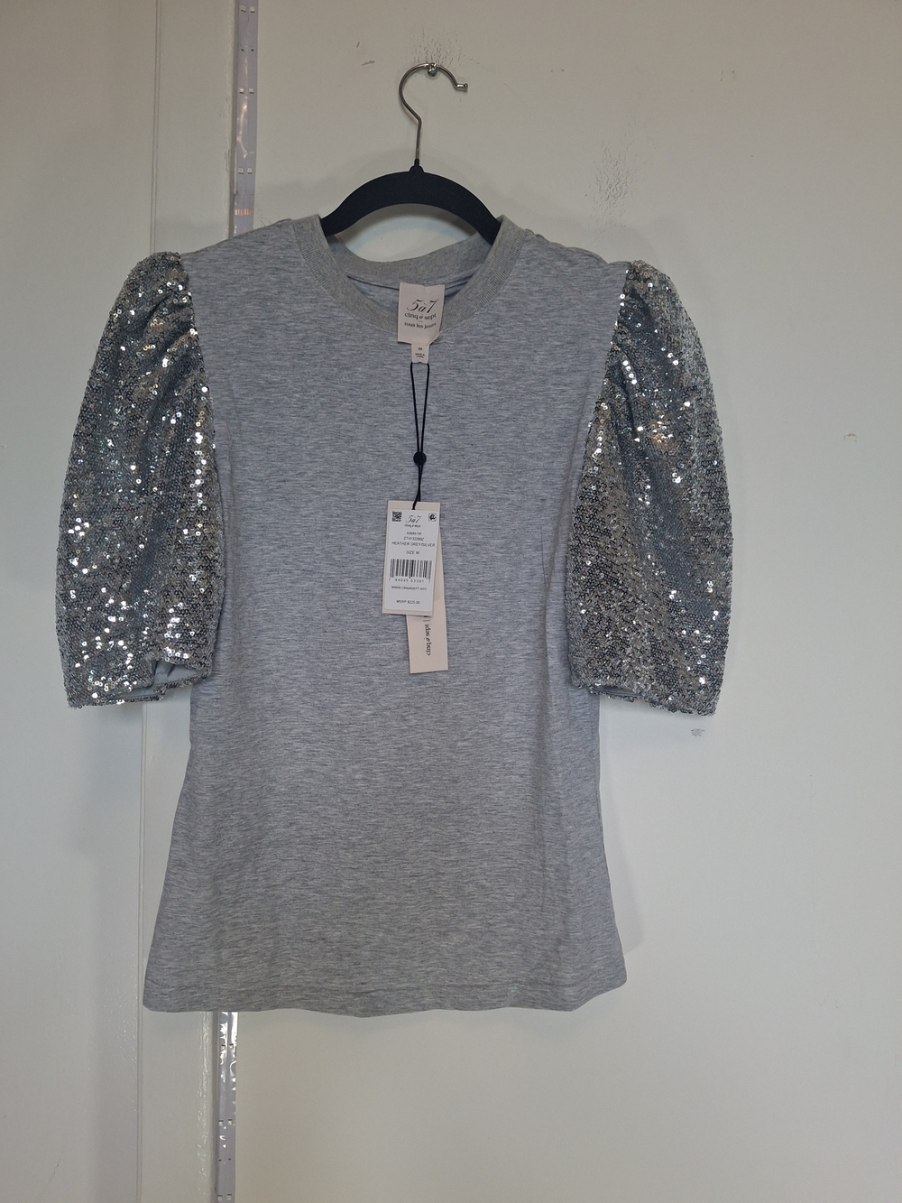 Cinq A Sept Light Gray Short Sleeve Tee with Silver Sequin Puff Sleeves